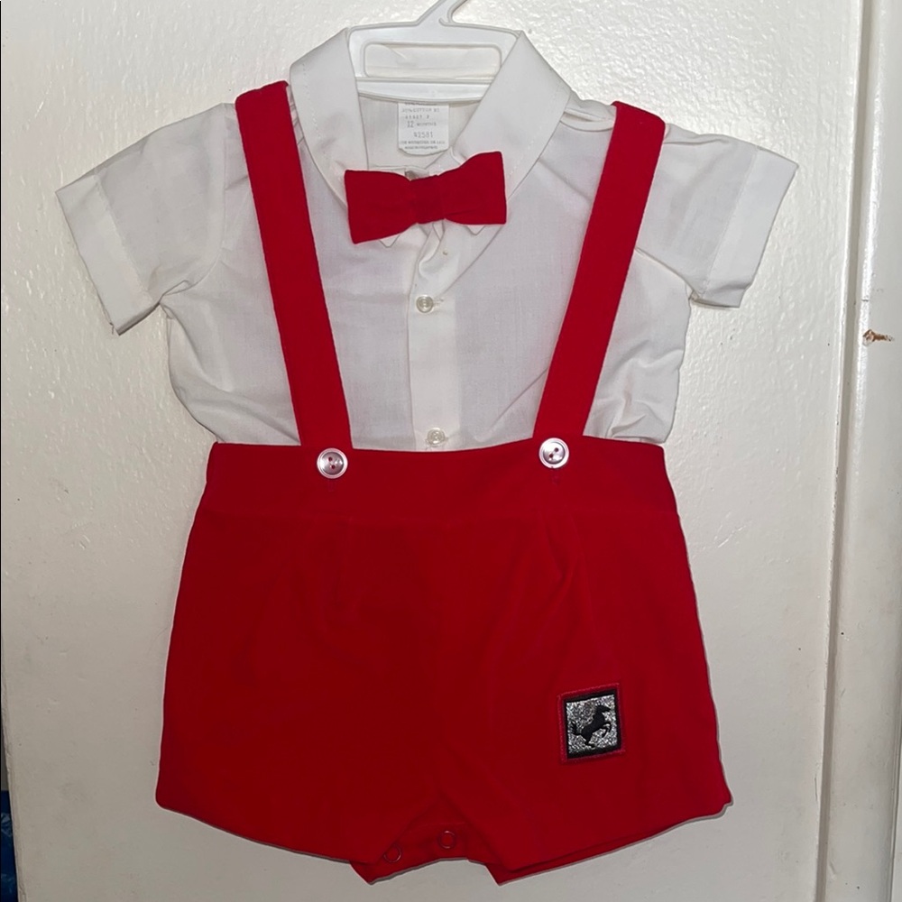 Vintage Baby Boy Outfit Red Suspenders and Bow Tie Sz 12M Christmas Holiday